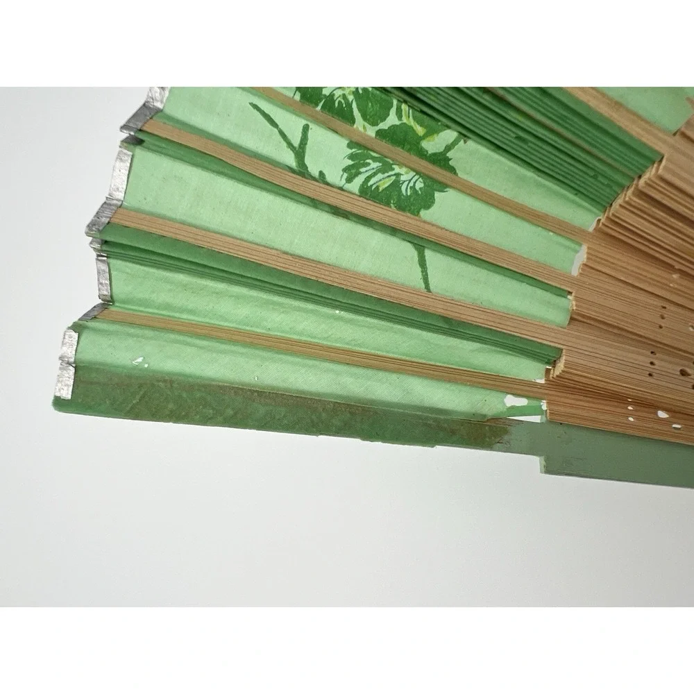 Vintage / Antique Paper & Wood Hand Floral Fan Green